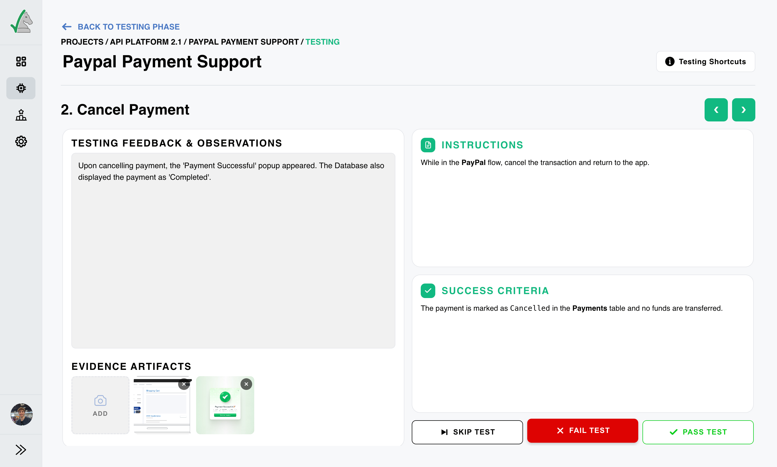 CheckMate testing view with instructions, success criteria, and pass/fail actions